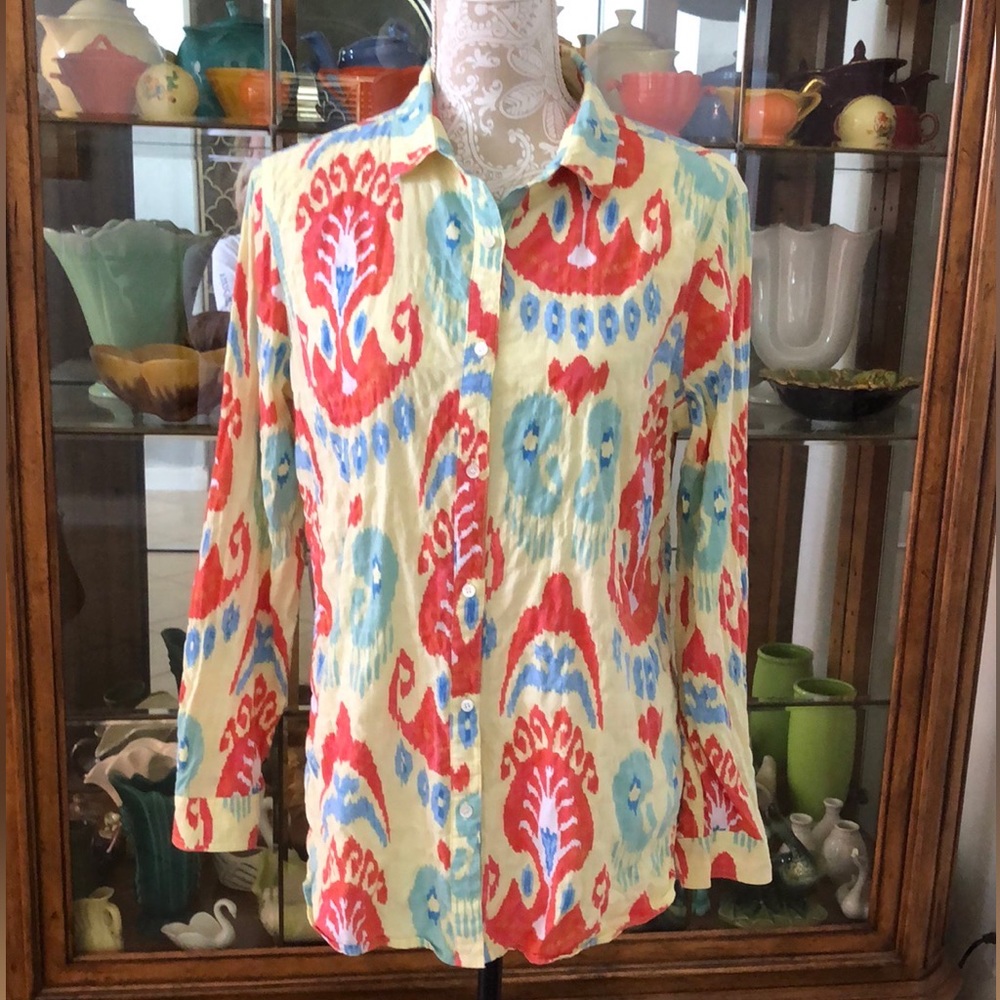 J. Mclaughlin Yellow Abstract Print Button Down B… - image 1